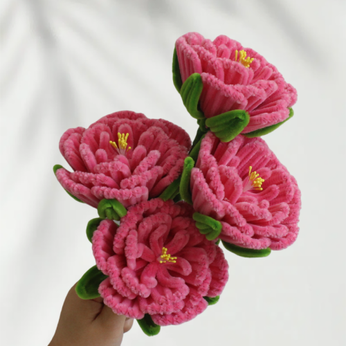 6 PCS * Handmade Pipe Cleaner Peony Flower Green Leaves Artificial Simulation Flower Indoor Home Desktop Party Wedding Decor