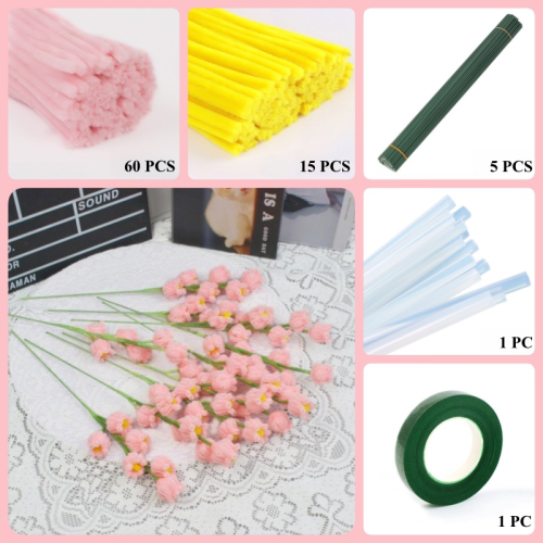 75 PCS * Pipe Cleaner Chenille Stems Handmade Pink Lily of the Valley Making Kit DIY Art Flower Bouquet Craft Set Hot Glue Sticks Tape 