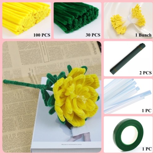 130 PCS * Pipe Cleaner Chenille Stems Handmade Peony Flower Making Kit DIY Art Flower Bouquet Craft Set Hot Glue Sticks Tape 
