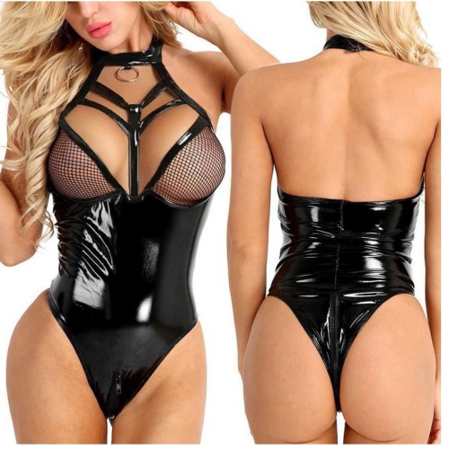 Women's Sexy Lingerie Black Leather One Piece Bodysuit Catsuit Sleeveless Jumpsuit