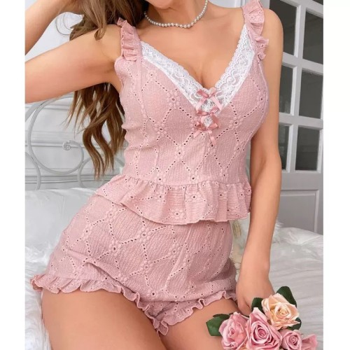 Women's Sexy Lingerie Sling + Short Pants Set Pink Sleepwear Night Sleeping Dress  