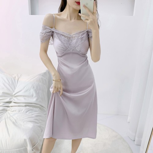 Women's Sexy Lingerie V-neck Lace Off Shoulder Long Sleeping Skirt Dress
