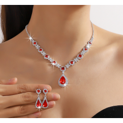Women's Red Color Fashion Wedding Jewelry Luxury Crystal Pearl Necklace/EarringsLadies Jewelry Sets for Bridal