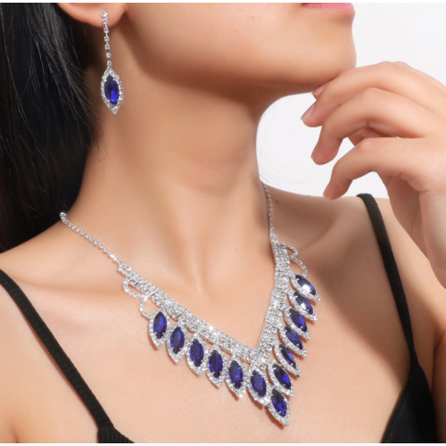 Women's Blue Fashion Wedding Jewelry Luxury Crystal Pearl Necklace/EarringsLadies Jewelry Sets for Bridal
