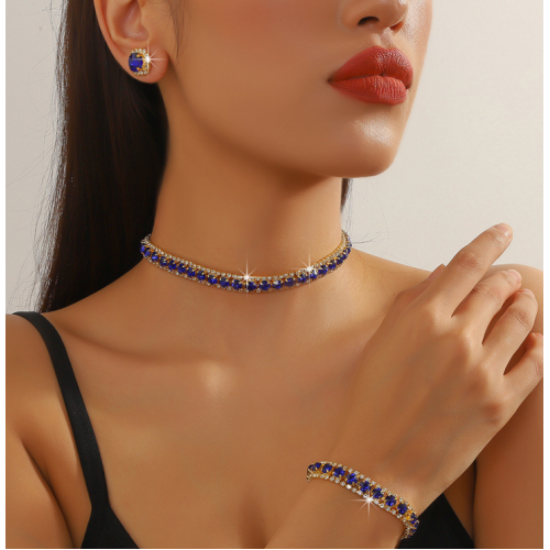 Women's Blue Color Fashion Wedding Jewelry Luxury Crystal Pearl Necklace/Earrings/Bracelet Ladies Jewelry Sets for Bridal