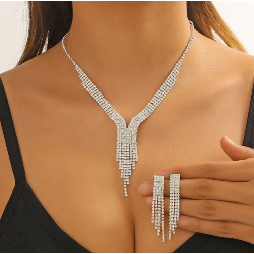 Women's Silver Fashion Wedding Jewelry Luxury Crystal Pearl Necklace/Earrings Ladies Jewelry Sets for Bridal