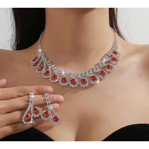 Women's Red Fashion Wedding Jewelry Luxury Crystal Pearl Necklace/Earrings Ladies Jewelry Sets for Bridal