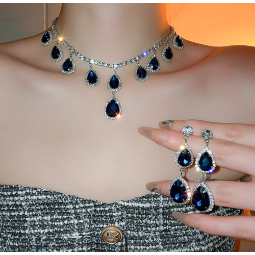 Women's Blue Fashion Wedding Jewelry Luxury Crystal Pearl Necklace/Earrings Ladies Jewelry Sets for Bridal