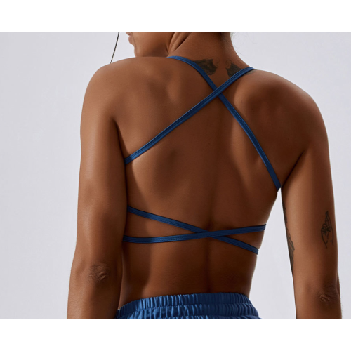 Dark Blue Ladies Sports Bra Sexy Criss Cross Straps Back High Support Impact Yoga Underwear Running Fitness Gym Padded Bralette