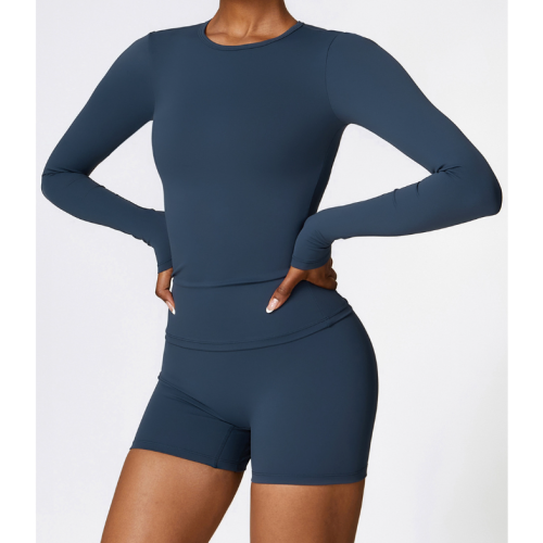 2pcs Dark Blue Yoga Sets Womens Outfits Peach Hip Lifting Suit Neck Hanging Sports Bra Shockproof Quick Drying Shorts Set Female Tracksuit