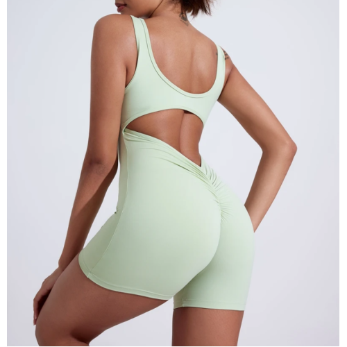 Green sports jumpsuit quick drying integrated V-shaped back running fitness suit tight fitting beautiful back yoga suit Green sports jumpsuit quick drying integrated V-shaped back running fitness suit tight fitting beautiful back yoga suit